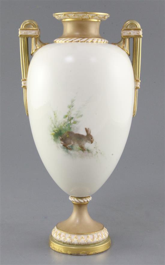 Charley Baldwyn for Royal Worcester. A rare rabbit painted two handled vase,